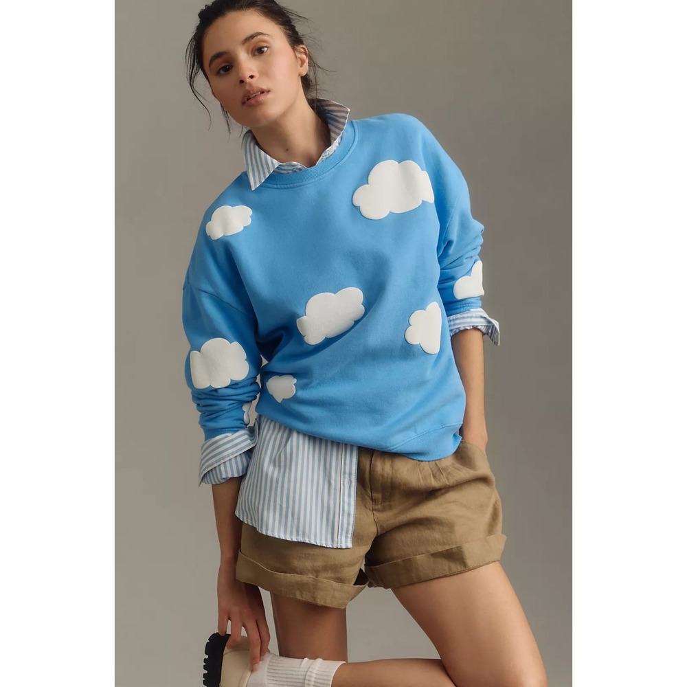 KULE Womens L Blue Cloud Graphic Sweatshirt Organic Cotton Oversized Pullover